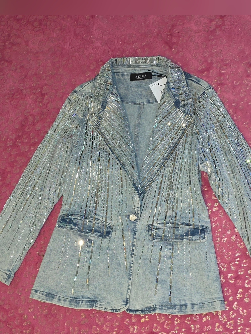 AKIRA MILA Light Blue Sequin-Striped Denim Blazer